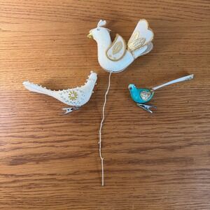 Set of 3 Vintage Flocked Beaded Bird Christmas Ornaments Clip on & Wired